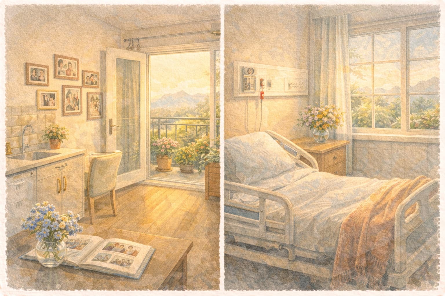 A split scene showing an apartment kitchenette on the left and a care suite on the right — comparing assisted living and long-term care