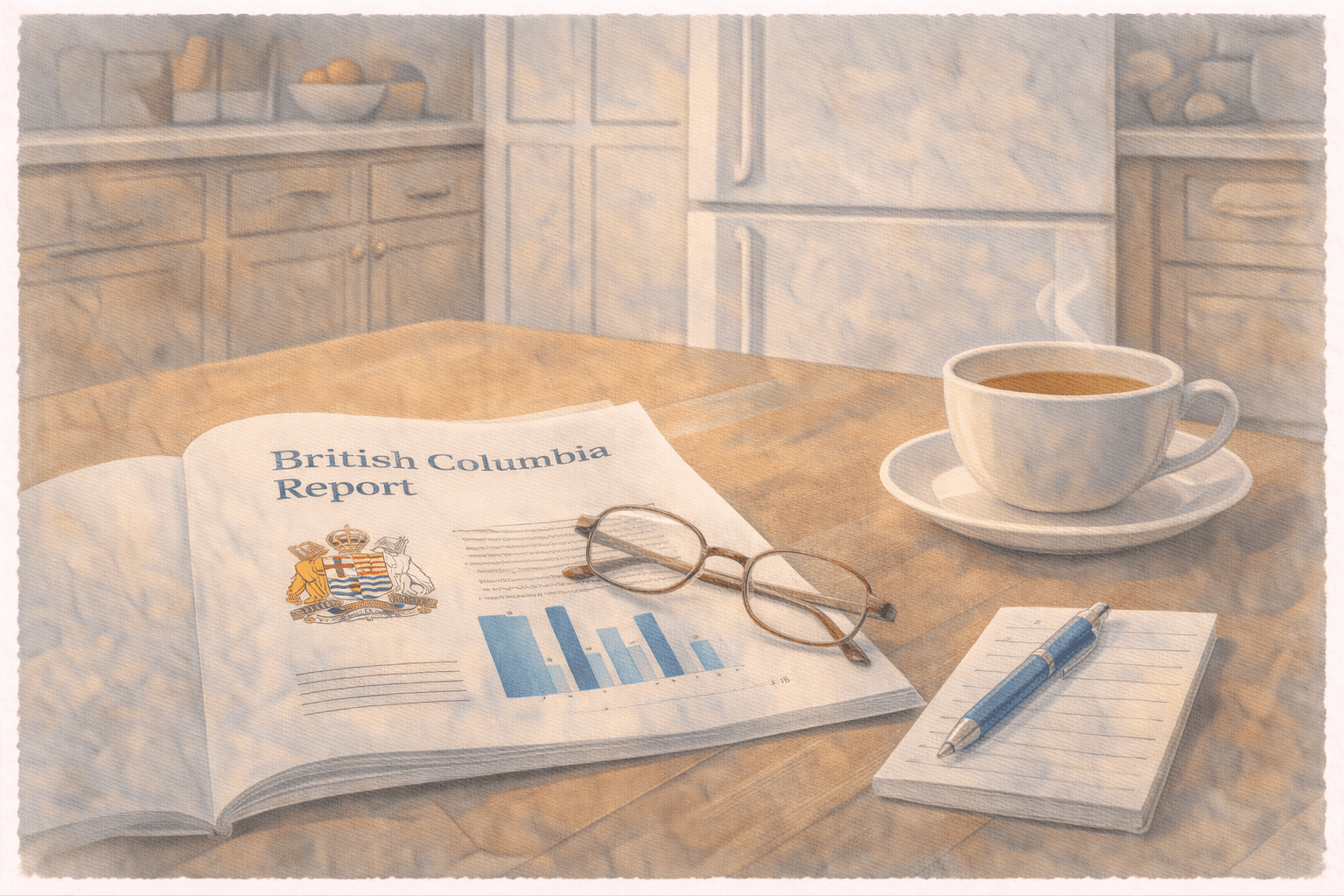 An open British Columbia government report with charts and glasses on a kitchen table beside a cup of tea and notepad