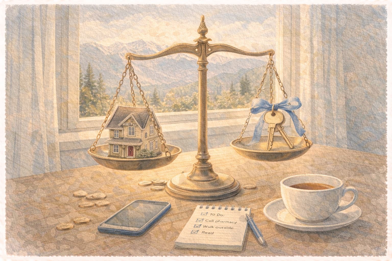 A balance scale weighing a small house against a set of keys, with BC mountains in the background — comparing home care and facility costs