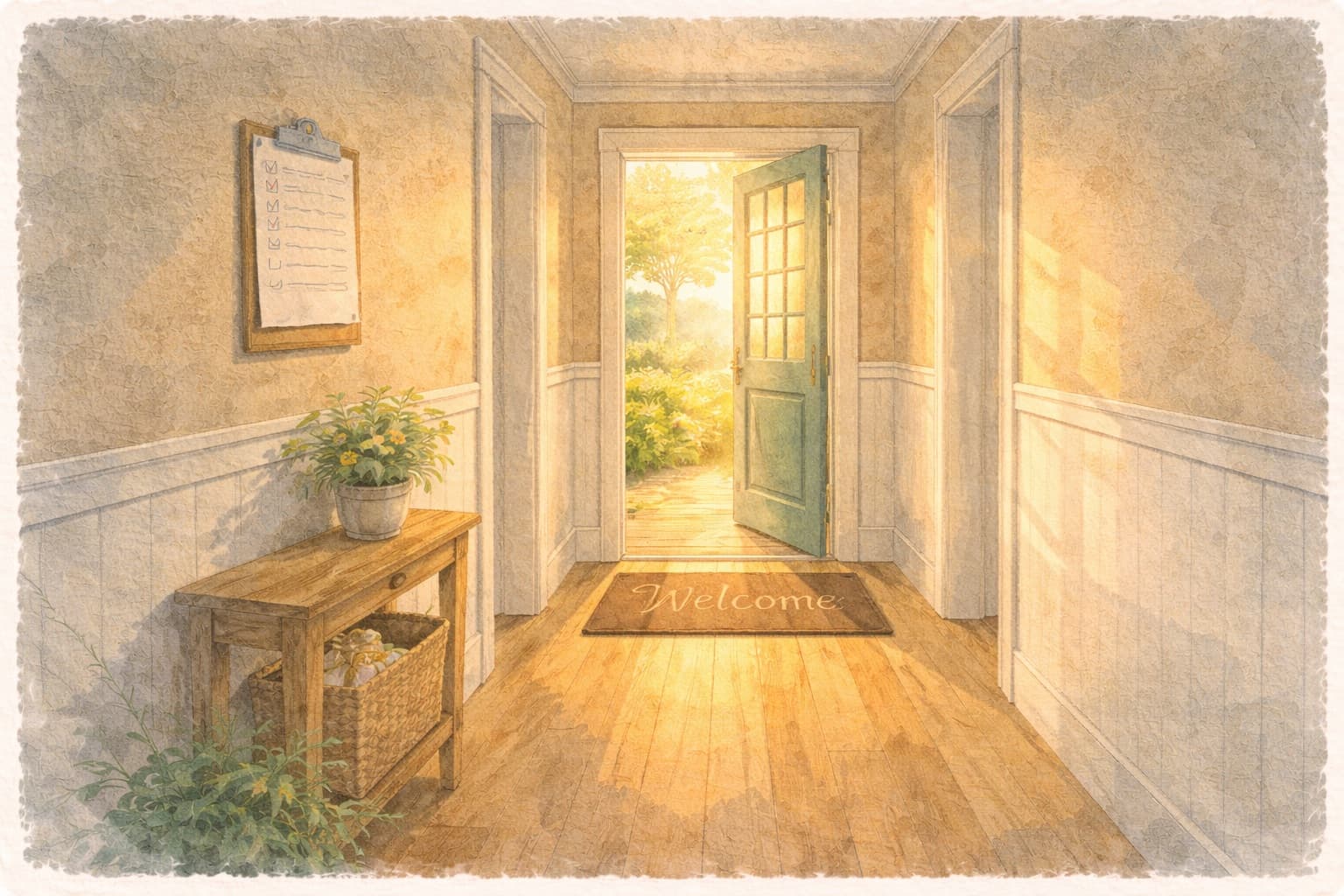 A warm hallway with an open door, clipboard, and welcome mat — the path into long-term care
