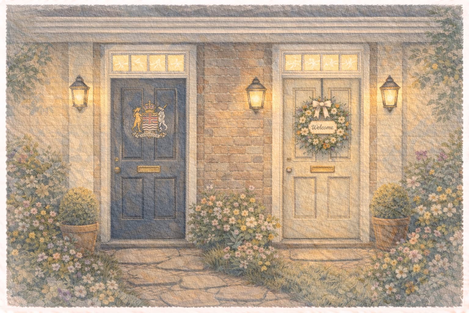 Two front doors side by side — one with a government crest, one with a welcome wreath — the choice between public and private senior care