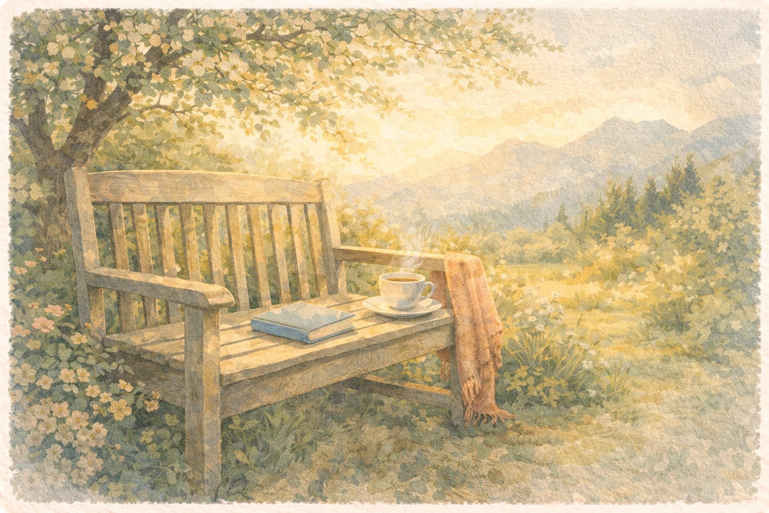 A garden bench under a flowering tree with a book, tea, and blanket — taking a well-deserved break