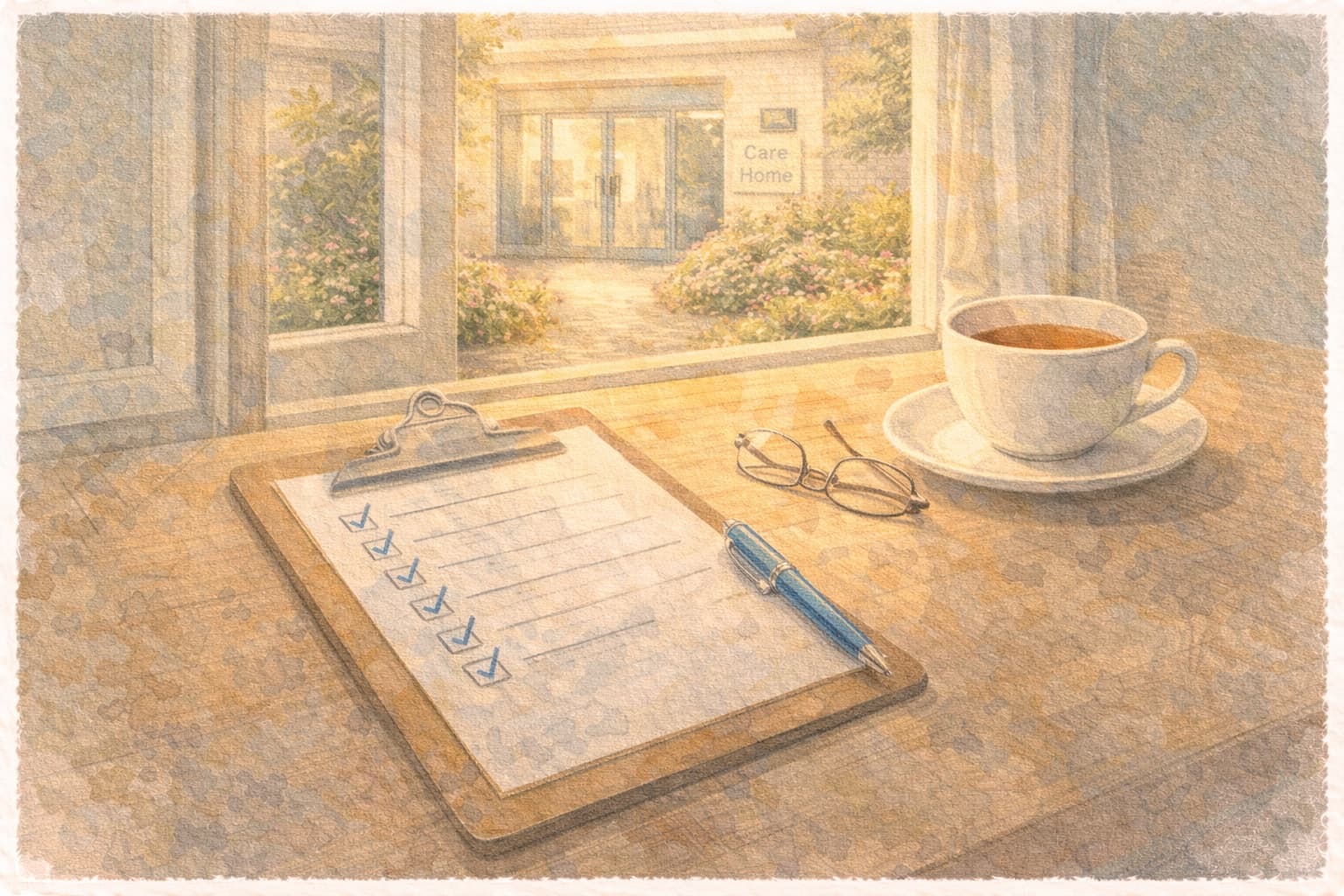 A clipboard with a checklist, reading glasses, and tea on a desk looking out at a care home entrance — preparing for your visit