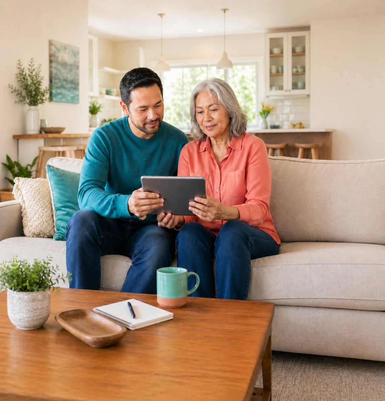 Adult son helping his mother compare senior care options on a tablet.
