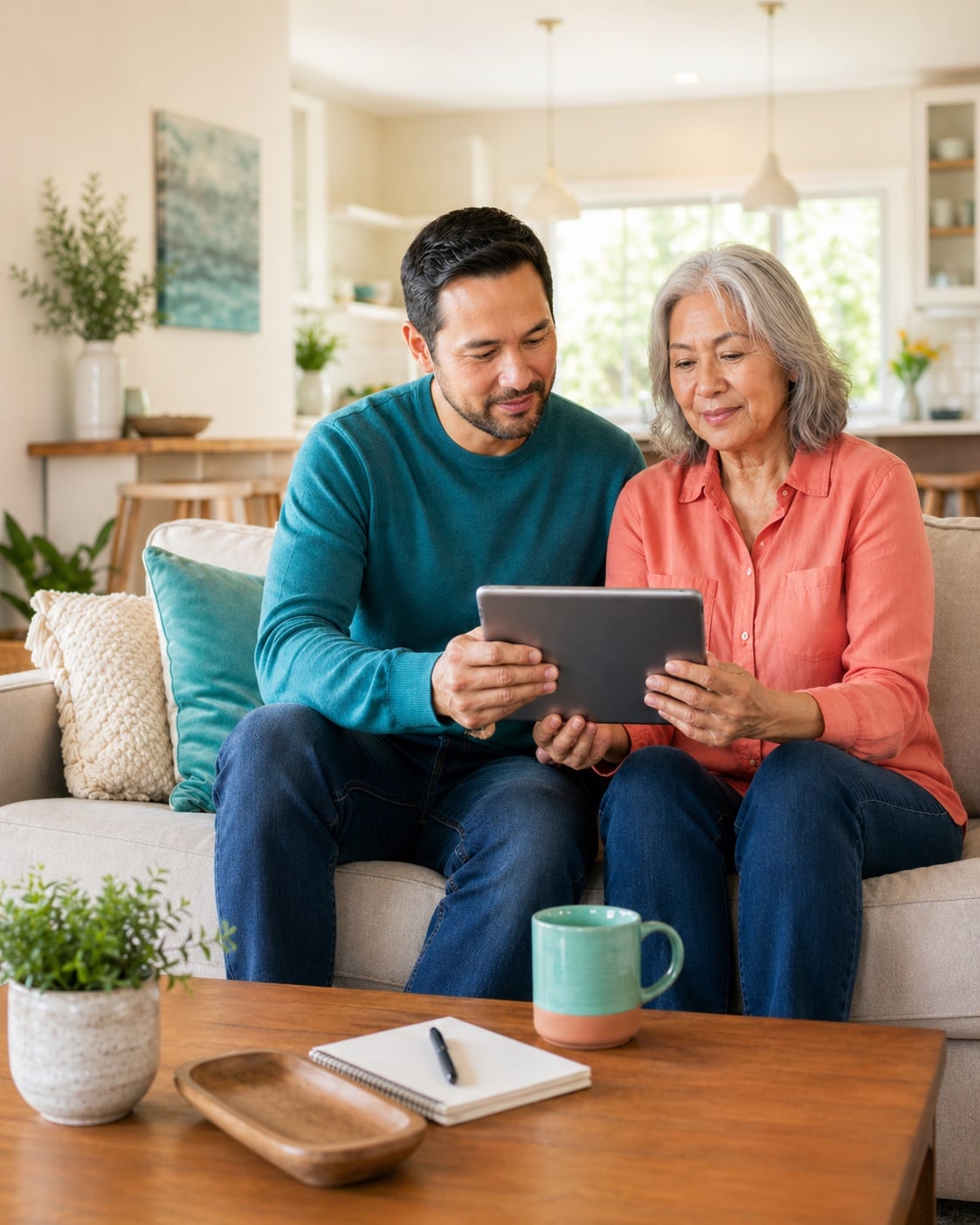 Adult son helping his mother compare senior care options on a tablet.